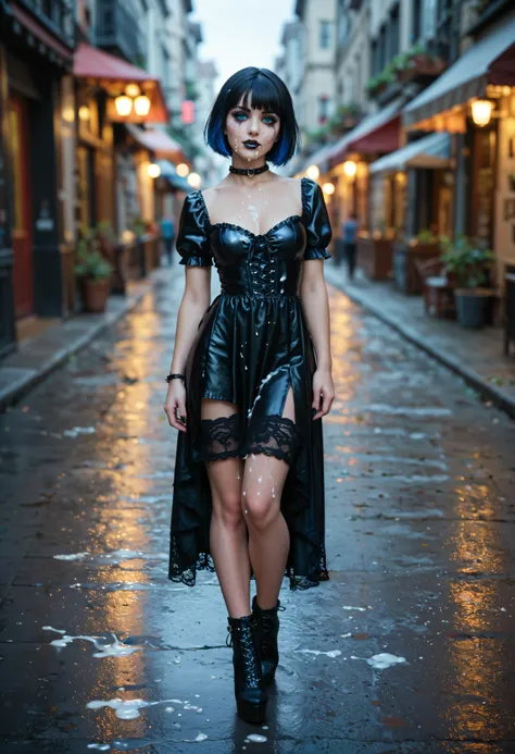 gothic, full body image , new, detailed and beautiful face , Blue Eyes, short black hair . Face and body covered in cum, Blurry Makeup.