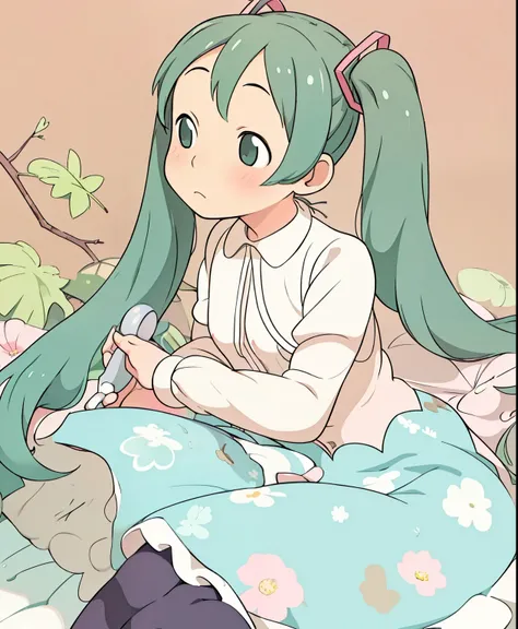 (masterpiece、 top quality 、 top quality 、 Official Art、 Beautiful and Beautiful :1.2)、( One Girl :1.3) Hatsune Miku 、 twin tails, Beautiful breasts, cute girl、 slightly vintage color,flat,,リソーPrintスタイル, illustrations, adorable, leave blank ,Low saturatio...
