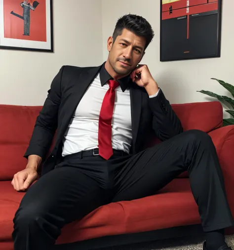  40 year old handsome, One Man,、  muscular、 Fred Ward 。  black shirt , red tie、  black slim pants 、Short Hair、office、 sits on the sofa、  black shirt、 red tie、  black slim pants 、  upper body lift with an emphasis on facial expression　Fred Ward 　front　 stub...