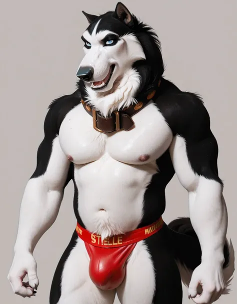 Steele, Alaskan Malamute, Collar, Blue Eyes, simple background, detailed, (heavyweight, muscular, very muscular, bulging arms), shiny fur, furry body, anthro body, tail, white fur and black fur, jockstrap, front view, proud, confident, stern face