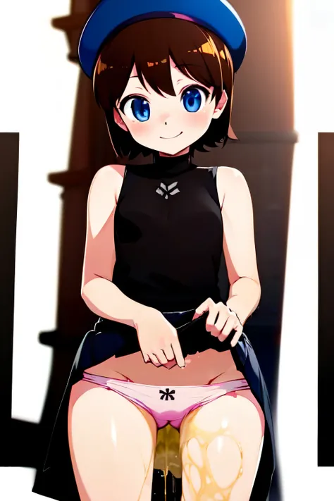 Helga Haruka ,   blue eyes,  Brown Hair ,   Shorthair, Brown hat,   Please put your hands on the black sweater,   sleeveless turtleneck with panties down ,   check skirt,   white panties，  1 girl, Alone, smile, lift the skirt myself ,Panty stains ,Pee stai...