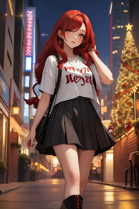 ( masterpiece : 1.2), ( best quality: 1.2), sweet woman, long red hair with braids,  long hair, loose blouse, cropped gray t-shirt , short black skirt,  detailed sapphire eyes , high top boots,  in a city with Christmas lights.