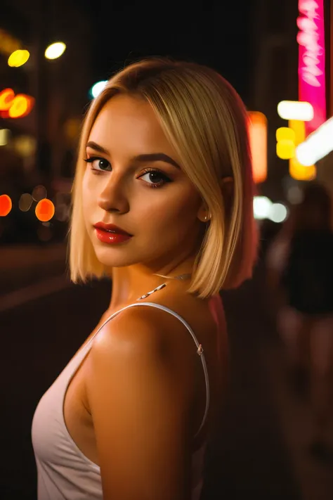 Eveningphotography, Evening, Alone, 1 girl,  Blonde girl, [blurred, retrato, [blurred background, Lips,  tight thong , If you mark Vajina ,  parted Lips,  neon lights