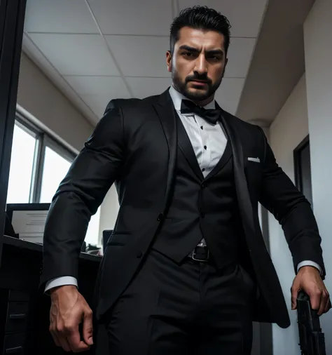 35 year old handsome, One Man,、  muscular、 Cahit Kayaoglu。  black suit、 black shirt ,black tie、  black slim pants 、Short Hair、office、handgun gear 、 cool battle pose 、  black shirt、black tie、  black slim pants 、  upper body lift with an emphasis on facial e...