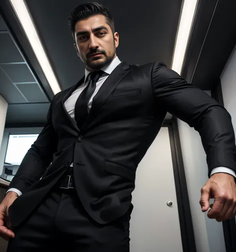 35 year old handsome, One Man,、  muscular、 Cahit Kayaoglu。  black suit、 black shirt ,black tie、  black slim pants 、Short Hair、office、 cool battle pose 、  black shirt、black tie、  black slim pants 、  upper body lift with an emphasis on facial expression　Cahi...