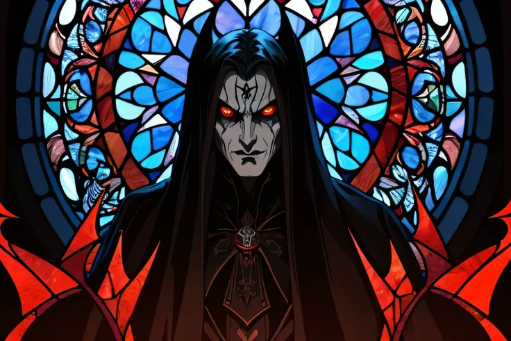  close-up of a person with a devilish face and stained glass window, Vector art by Galen Dara , Featured at Art Station, Gothic art, Symmetric!! Portrait of Hades,  hes extremely threatening and evil ,  gothic stained glass style , Lord Vampire ,  male vam...