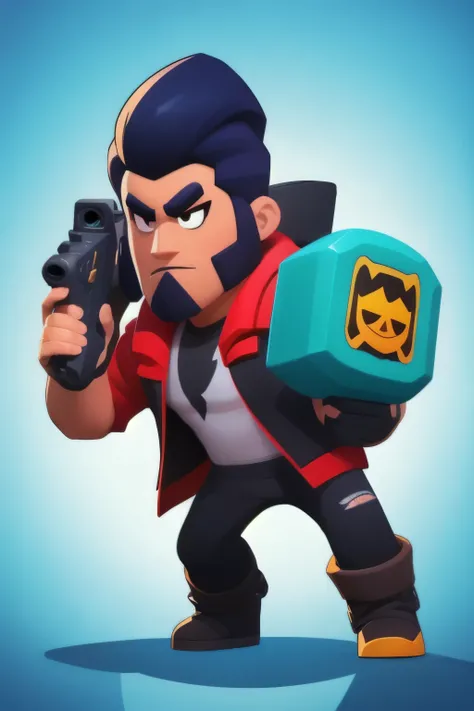 a full body close up of a person holding a gun and a flashlight, (a metalhead guy on heavy metal background, in brawl stars style) , brawl stars, splash art brawlstars, epic art style, blaster fire bright as neon, game character, in game style 8k, merged c...