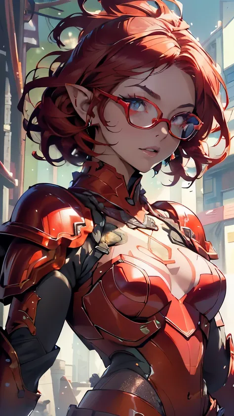 (one girl), ((viewer frontally:1.35)), ((athletic body:1.3, large breasts)), ((red colored glases:1.35)), ((elven lolita)), ((cute anime lolita with beautiful short hair)), ((((red hair:1.35, hair with orange ribbons)))), (((detailed eyes, beautiful eyes, ...