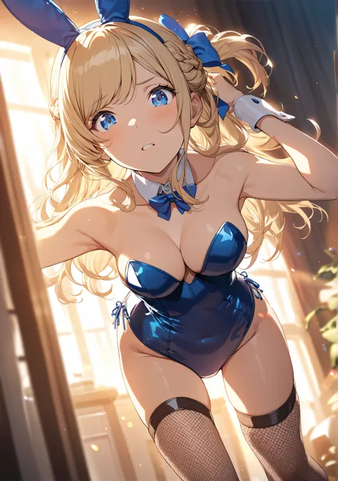 throw, 1 girl, Game CG, shallow depth of field, a portrait with a soft Gaussian blurred background, creating a dreamy atmosphere, focus on face,
deep cleavage, collarbone,  worried expression, looking viewer, hand on own hair, standing, leaning forward,bed...