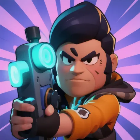 a close up of a person holding a gun and a flashlight, brawl stars, arte de respingo brawlstars, ,  blaster fire bright as neon ,  game character , in game style 8k, merged character ,  Fortnite art style ,   Stylized character  ,  holding a blaster , slic...