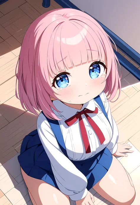 ( , short, Petite body, , loli, :1.4), angle from above,(Sitting on the floor), ( Long Sleeve White Blouse , blue suspender skirt, red chest ribbon ), (Look here with a tearful eye , light blush, Beautiful light blue eyes), (blunt bangs, bob hair, pin...