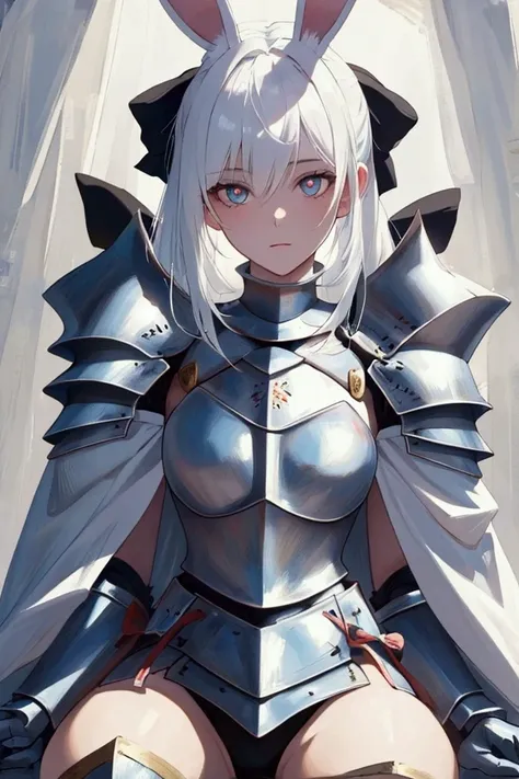 ((Best quality, 8k, Masterpiece: 1.3)), Sharp focus A beautiful woman with perfect body, Highly detailed face and skin texture, (Detailed eyes), rabbit ears, hime cut, white hair, hair bow, ribbon, pupils sparkling, tareme, (knight wearing steel armor), co...