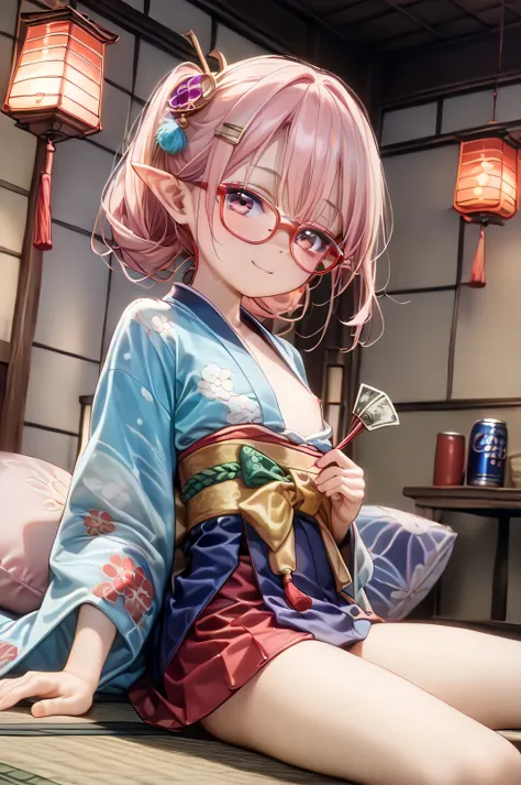 ((( 、、Flat Chest 。4th degree、Slim body、The Girl Who Doesnt Chase、Loli:1.2))) One Woman ,((( cute女の子)))、((high-ranking prostitute、Disheveled clothes:1.5、Can you see the way the kimono is down、 Gorgeous Kimono:1.5)))、 (((  red glasses)))、A little blush、Young...