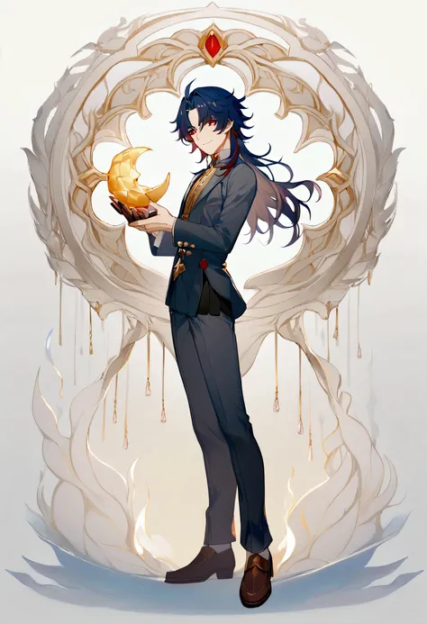 1boy,male,male character,Alone,alone,blade from honkai star rail,dark blue hair,long hair,red eyes,smiling, meigo, wearing a school uniform , full body
