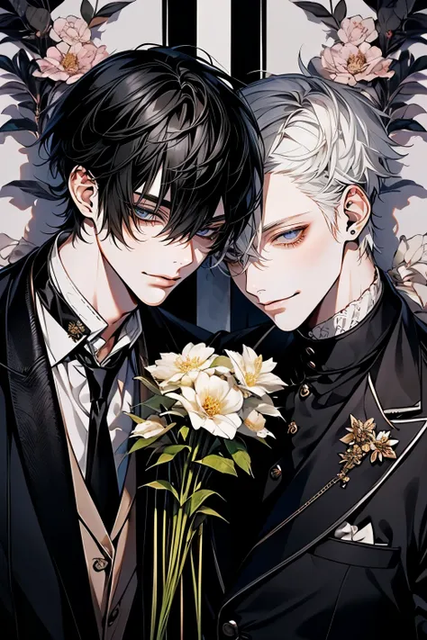 (masterpiece), ( top quality ),  very detailed, ((Two Men)),  perfect face,  beautiful faces,  very detailedな顔，( Black-haired man:1.3)，( white hair:1.3)，suit， shirt，smile，flower