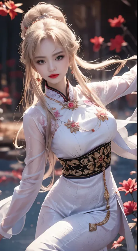 1 beautiful girl in Han costume, white thin purple silk shirt with a lot of texture, white lace top, long purple platinum ponytail, Hair Jewelry, ear jewelry, necklaces and necklaces, carefully drawn big purple eyes, makeup careful, thin eyebrows, high nos...
