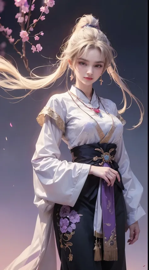 1 beautiful girl in Han costume, ((white thin purple silk shirt with a lot of texture)), white lace top, long purple platinum ponytail Hair, Jewelry, ear jewelry, necklaces and necklaces, carefully drawn big purple eyes, makeup careful, thin eyebrows, high...
