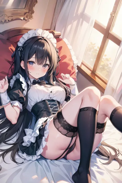 Maid,  cute face,  black hair,  black knee-high socks,  garter belt, Ruffle skirt, Black lace pants,  pants ,  bed,  embarrassing expression , blush