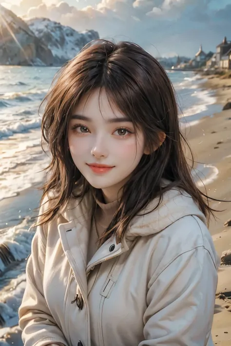 Upper body close-up image.A beautiful woman. Twenty years old. Detailed drawing of the face. Light brown hair. She is smiling and looking at the camera. She is wearing winter clothes and standing on the seashore. The time is early morning. A masterpiece.