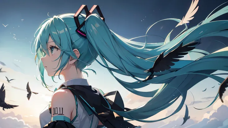  Hatsune Miku 。 Lots of Crows in the Sky。 A lot of feathers are flying down。 dark atmosphere。