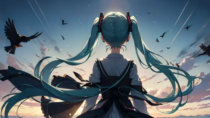  Hatsune Miku 。Lots of crows in the sky。 a lot of feathers are fluttering down。 dark atmosphere。A sulky smile