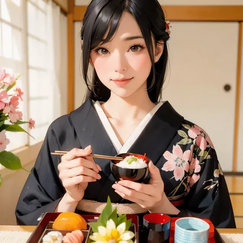 araffe woman In kimono dress holding chopsticks and a bowl of sushi,  Japanese Model, In kimono, Elegant yukata,  Japanese woman, elegant  Japanese woman, Traditional Japan, shinsui ito,   beautiful Japanese girl standing in front of a lake wearing a yukat...