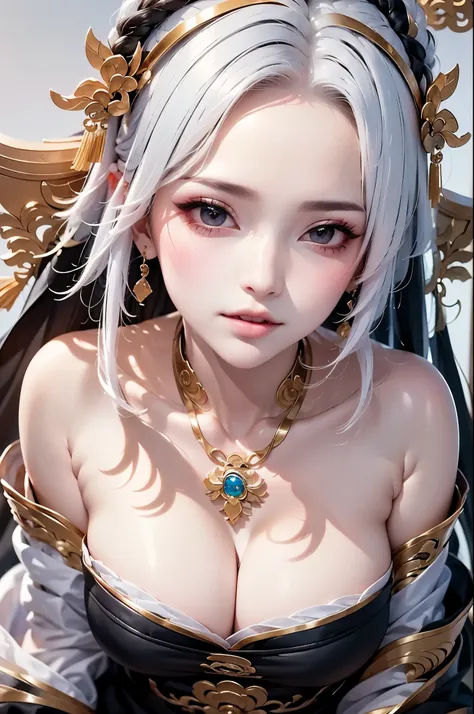 full body image:1.5, super high quality, masterpiece, Perfect illustration, Very detailed:1.6,　white barance, 1girl, 23 years old, cute girl, white hair, sharp and big beautiful eyes, medium breasts, bright skin. fantasy royalty, onmyoji, majesty, asian dr...