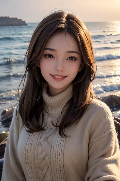 Upper body close-up image.A beautiful woman. Twenty years old. Detailed drawing of the face. Light brown hair. She is smiling and looking at the camera. She is wearing winter clothes and standing on the seashore. The time is early morning. A masterpiece.