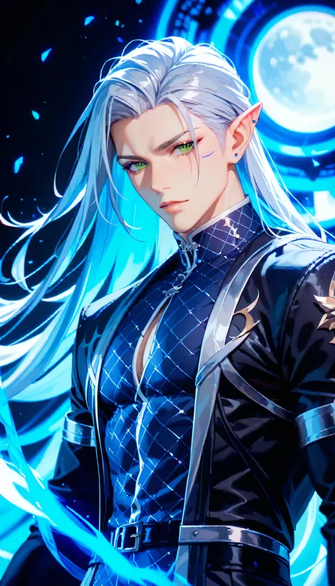 Handsome half-elf man, 28 years old, dimension traveler, secret agent. Long silver hair to shoulders, swept behind left ear. Deep green eyes with subtle blue glow. Small crescent moon scar under right eye. Pointed ears. 188cm tall, well-balanced muscular b...