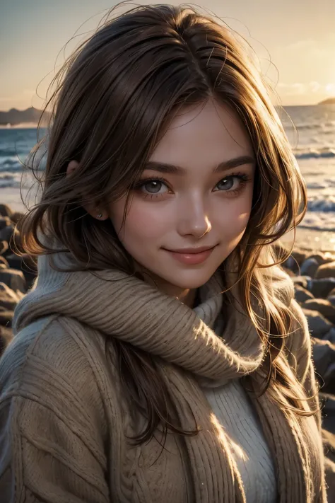 Upper body close-up image.A beautiful woman. Twenty years old. Detailed drawing of the face. Light brown hair. She is smiling and looking at the camera. She is wearing winter clothes and standing on the seashore. The time is early morning. A masterpiece.