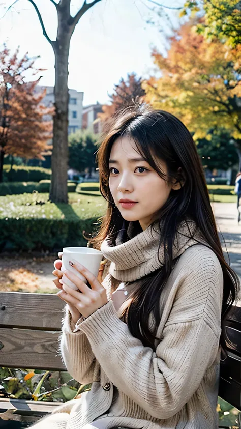  A young woman with a peaceful expression is sitting on a wooden bench in a quiet park. She is holding a warm cup of coffee with both hands and is wearing a ,  beige sweater and scarf. .  In the background, autumn trees are colored with golden leaves, and ...