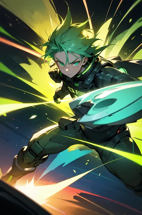 anime boy with green glowing neon hair, black space suit, grasslands, green energy plasma super powers, fighting monsters 