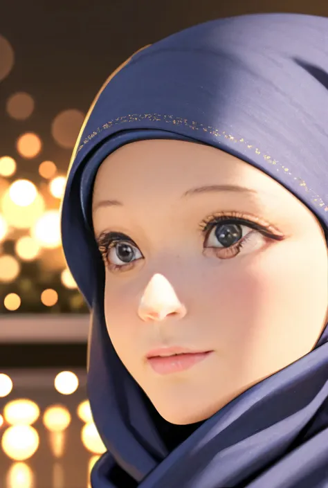 hyper realistic photograph of a hijab beautiful girl ,closeup shot dreamy mood, reflection bokeh, lighting on girls face, i cant believe how beautiful this is, 8k, 