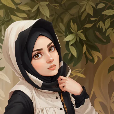 there is a woman wearing a black and tan jacket and a black scarf, beautiful iranian woman, hijab, profile image, pale-skinned persian girl, inspired by Maryam Hashemi, wearing hood, beautiful arab woman, selfie of a young woman, beautiful image, arab amee...