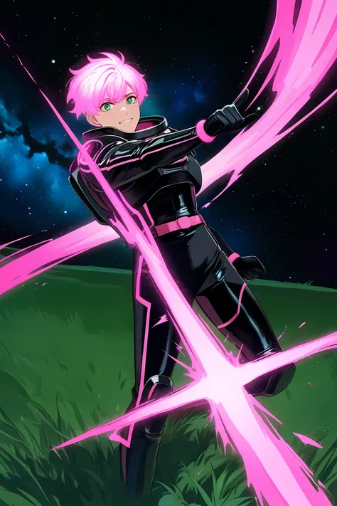 anime boy with pink glowing neon hair, black space suit, grasslands, pink energy plasma super powers