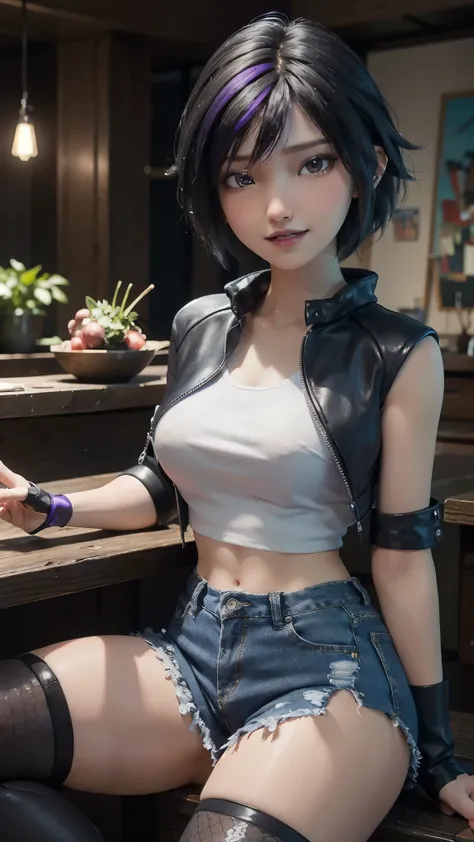 Gogo tomago,(best qualityer,4K,8k,high resolution,work of art:1.2)(weather: cloudy), Tokyo city background, sushi bar, punk outfit, cropped denim jacket, white sleeveless hoodie, pleated mini skirt with red linings, fingerless gloves, fishnet pantyhose, cy...