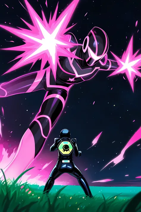 anime boy with pink glowing neon hair, black space suit, grasslands, pink energy plasma super powers, fighting a monster