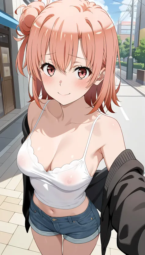 (masterpiece,best quality:1.2,amazing quality,very aesthetic,absurdres,newest), official style,2d the anime,(yuigahama yui,yahari ore no seishun lovecome wa machigatteiru),1woman,topless,(adult),(very small head:1.2),pink eyes,after sex,shy smile,(ideal ra...