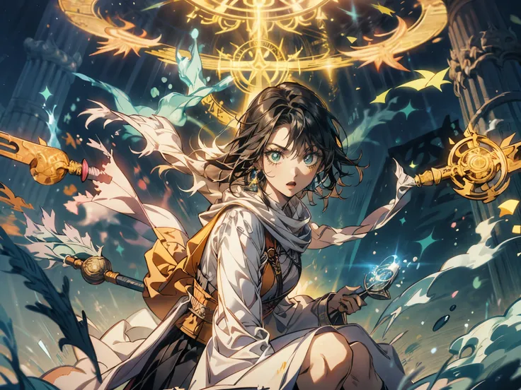 top quality , high res,rpg character,Priest, Elegant look, cold eyes, black hair, Shorthair, 1 girl, Solemn, red eyeliner that raised my eyebrows, black skirt, bangs, Thighs, Wizard-like Clothes , Pretty bright blue clothes with yellow lines, Orn...