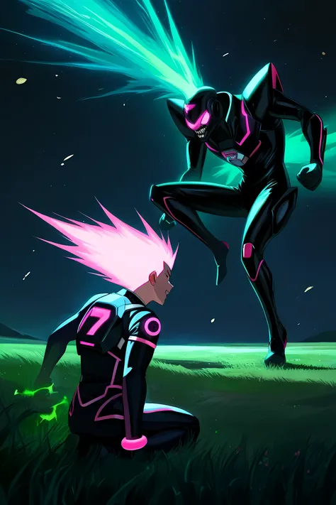 anime boy with pink glowing neon hair, black space suit, grasslands, pink energy plasma super powers, fighting an alien monster 