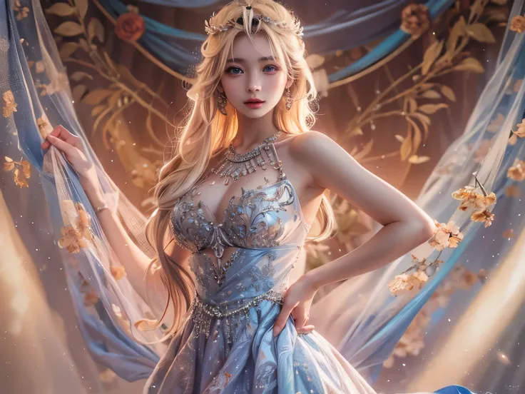 masterpiece,  top quality , 8k,  Photorealistic ,  high res, 1 Female, Alone, (  DETAIL FACE ), Blonde,  Transcendental Beautiful Girl,  jewelry、Queen,shiny skin,An enchanting dress that shines in seven colors、Beautiful breasts、 mysterious in another dimen...