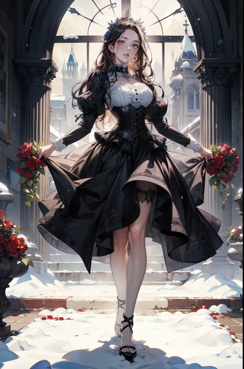 ((Masterpiece, top quality, high resolution, highly detailed CG unified 8K wallpaper)), (huge stunning goddess shot, jaw-dropping beauty,perfect proportions:1.3), (standing with Legs Spread, dynamic composition), girl, roses, garden, winter, snow, broken g...