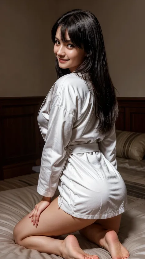 Realistic Style  , A YOUNG CUTE  GIRL，With smooth white skin and shiny black hair. Wear a tight-fitting bathrobe，The clasp opens ,  Smiling Eyes Looking at Camera  , Ass raised kneeling on the bed ,  Very Luxurious Bedroom Background .Real Photo Realistic ...