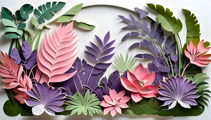 paper cutting art, papercut, west papuan native plant, tropical plants, banana leaf, single layer, (Flat paper cutout, digital art), Against a pure white background, vector illustration, papercut style, purple, pink, natural colours, high quality image, bo...