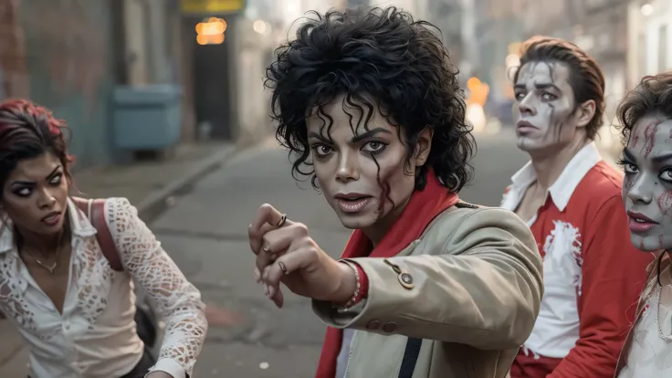 Michael Jackson, single thriller, if it was recorded in the 1950, with zombie makeup, dancing in an alley with her choreographic group, in full color, panavision