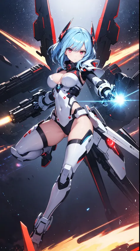 1 supercute girl wear a Red Crossbone Pirate armor, mechanical wing, Space War Background, Rainbow Aura Body, Supernove Power, Light Blue Hair, Red Eye, Perfect Body, Sexy, neon glow, Shooting Beam Cannon, Sad mood, very detailed, Fighting stance, mecha mu...