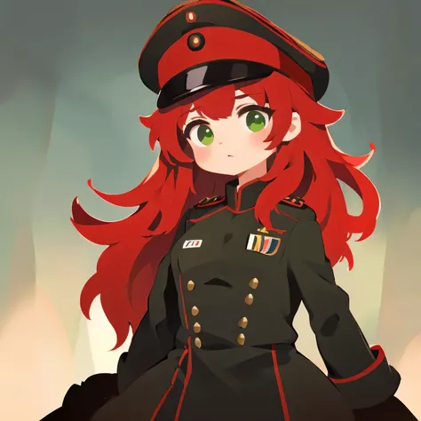 1girl, red hair, long hair, green eyes, (black outfit), black general military uniform, german military uniform