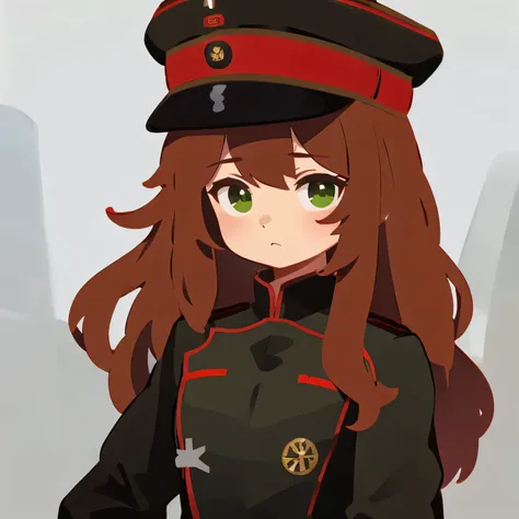 1girl, red hair, long hair, green eyes, (black outfit), black general military uniform, german military uniform