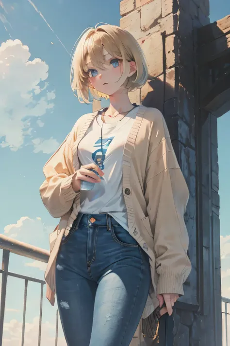 The guy is thin and tall. Short blond hair. He was wearing a light peach cardigan, over a light blue T-shirt, and gray jeans. Her eyes are light blue, like the sky.