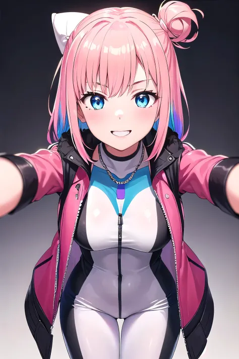 1girl,Samus aran,solo,blue eyes, pink hair, forehead hair, Vibrant rainbow bodysuit, bright yellow, pink, and blue, black leather jacket, white fur-trimmed coat, colorful beaded necklace, vibrant red lips, messy bun hairstyle, playful smile, dynamic pose,(...